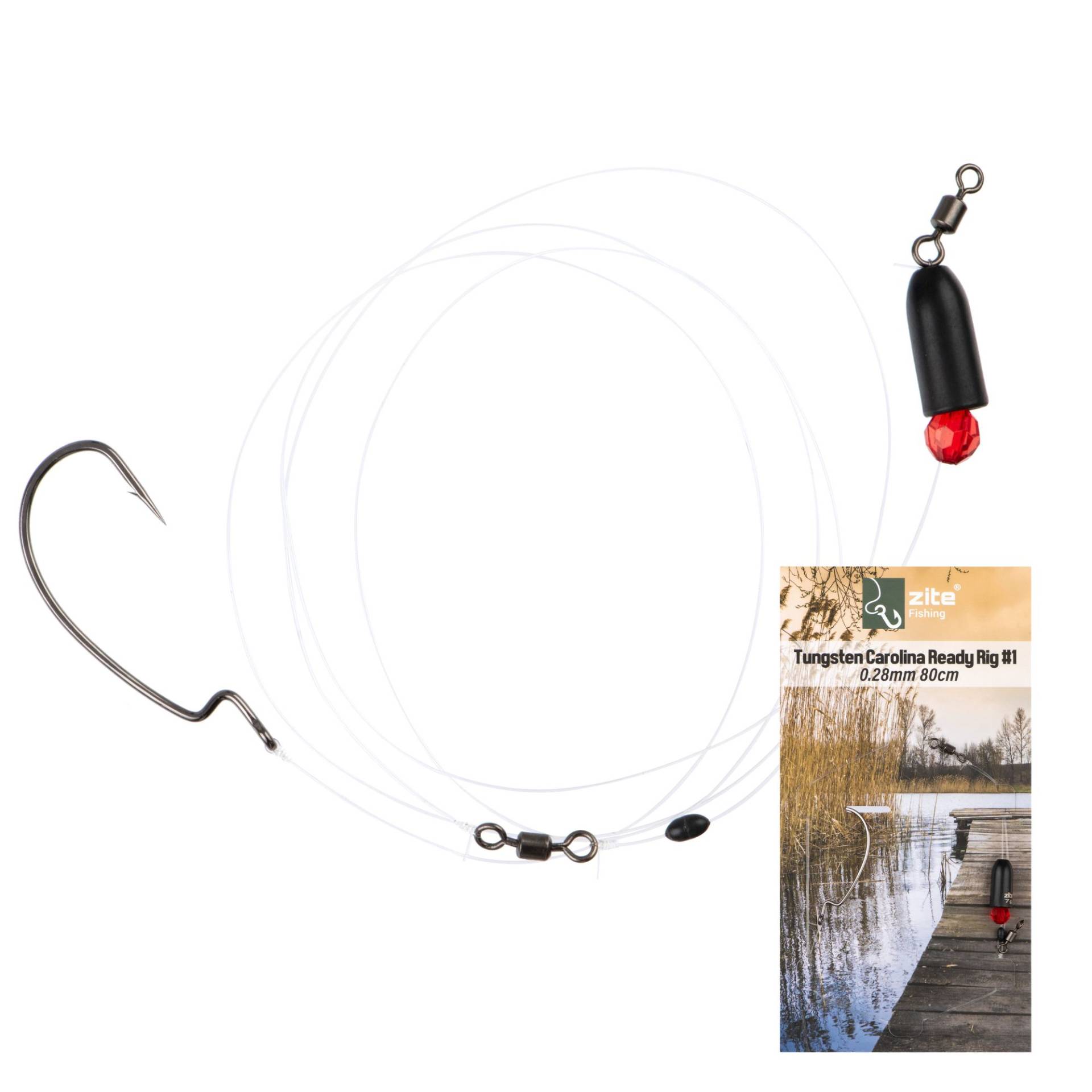 Zite Fishing Tungsten Carolina Ready Rig #1 Offset Hook, 7g Tungsten Angelgewicht & 80cm Fluorocarbon-Vorfachmaterial