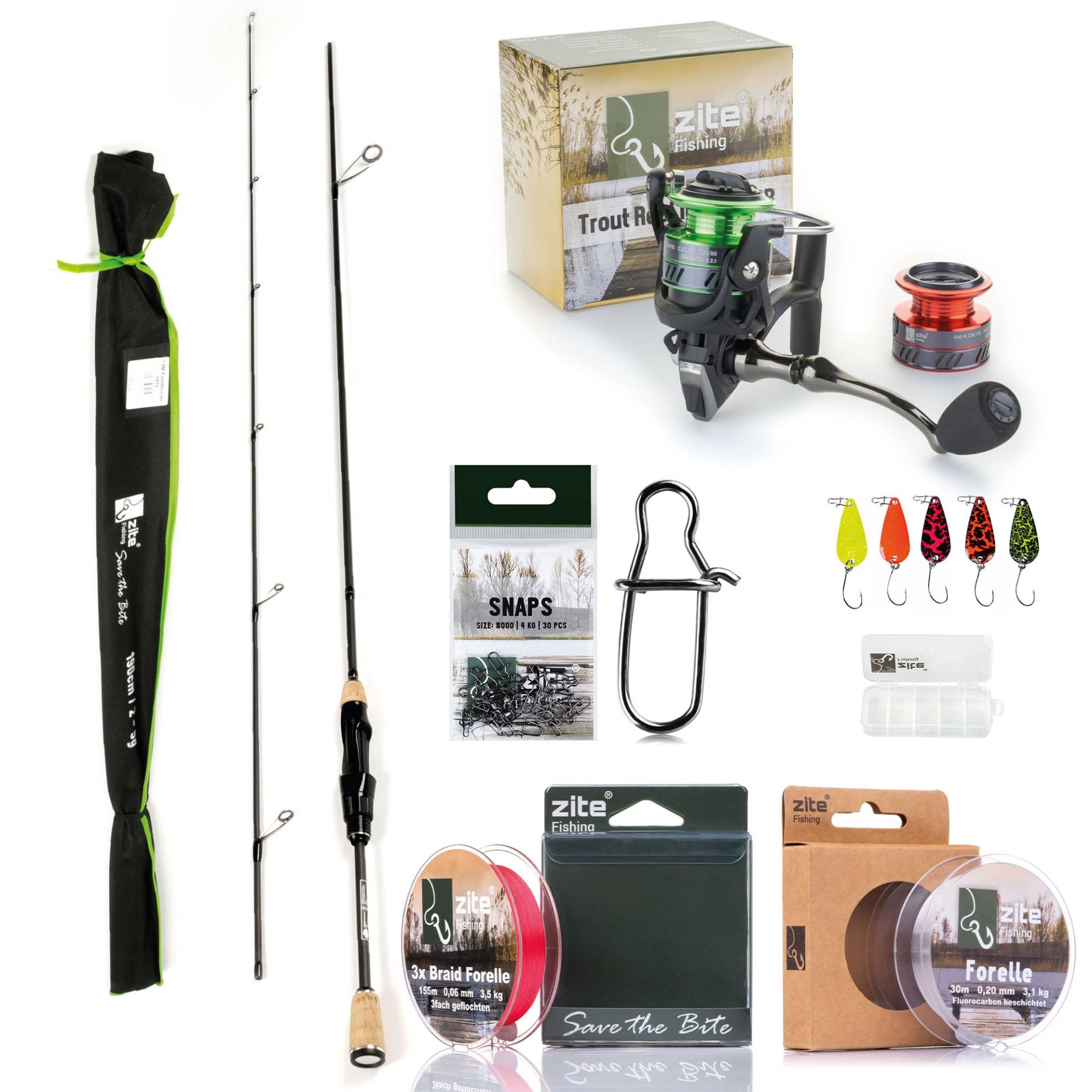 Zite Fishing Ultra Light Set 190cm Forellen-Rute mit UL Angel-Rolle, 3fach geflochtener Schnur und viel Angel-Zubehör