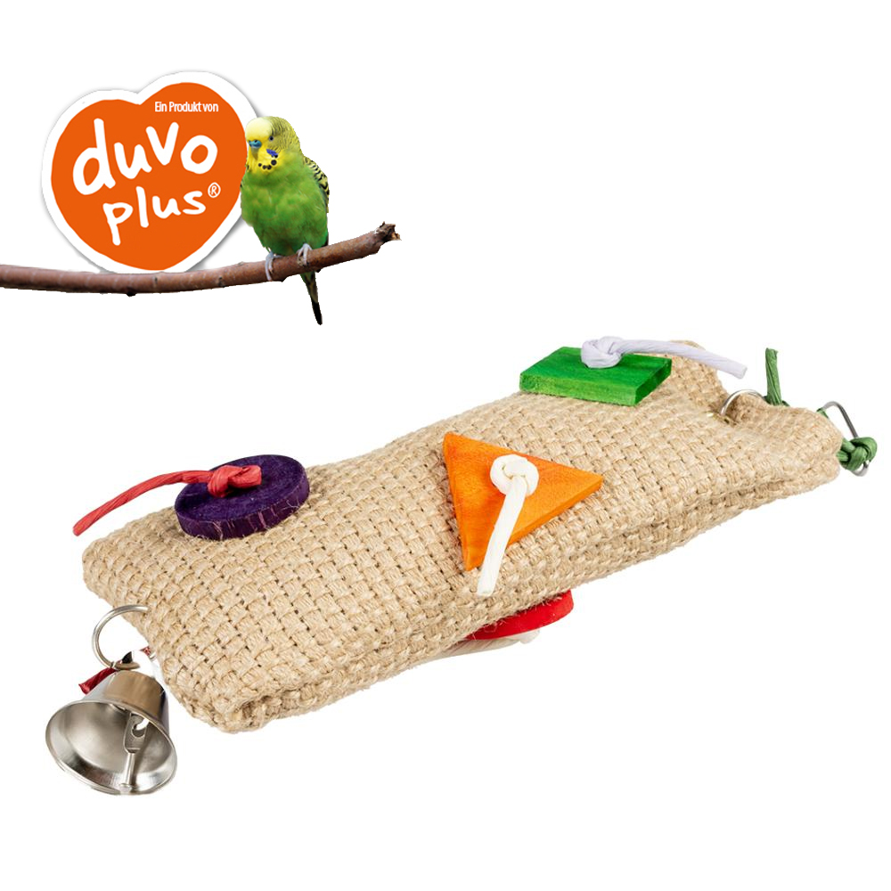duvo plus - Vogel Spielzeug - Sisal Snack Beutel mit Papier, Holz & Glocke