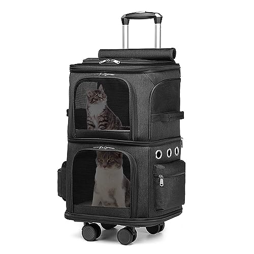 biosp Haustier-Rucksack mit zwei Fächern für kleine Katzen und Hunde, rollender Katzen-Reiserucksack für 2 Katzen, super belüftetes Design, ideal für Reisen/Wandern/Camping, Schwarz von biosp