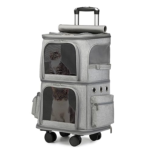biosp Haustier-Rucksack mit zwei Fächern und Rädern für kleine Katzen und Hunde, rollender Katzen-Reisetragetasche für 2 Katzen, super belüftetes Design, ideal für Reisen/Wandern/Camping, Grau von biosp