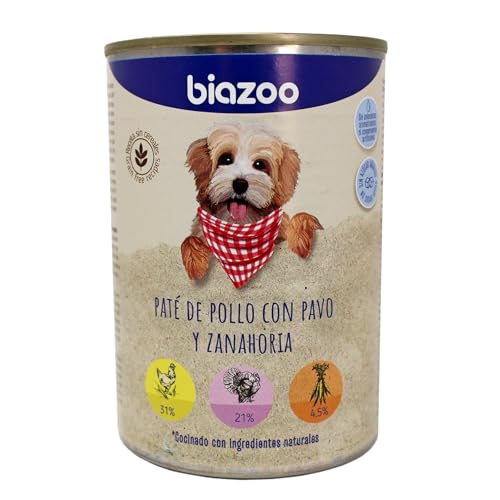 Biazoo – Packung mit 12 Premium-Hundefutter für Hunde, Hühnerpastete mit Truthahn und Karotte, 395 g, komplettes Futter für Haustiere. von biozoo