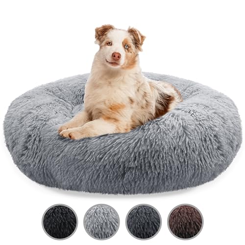 bluzelle Hundebett Große Hunde, 100cm Hundekissen Rund Donut Kissen Hundekorb Flauschig Plüsch, Ergonomisch Bezug Waschbar rutschfest Weich Kuschelig Kunstfell, Farbe:Hellgrau von bluzelle