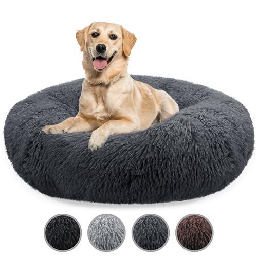 bluzelle Hundebett Große Hunde, 120cm Hundekissen Rund Donut Kissen Hundekorb Flauschig Plüsch, Ergonomisch Bezug Waschbar rutschfest Weich Kuschelig Kunstfell, Farbe:Dunkel-Grau von bluzelle