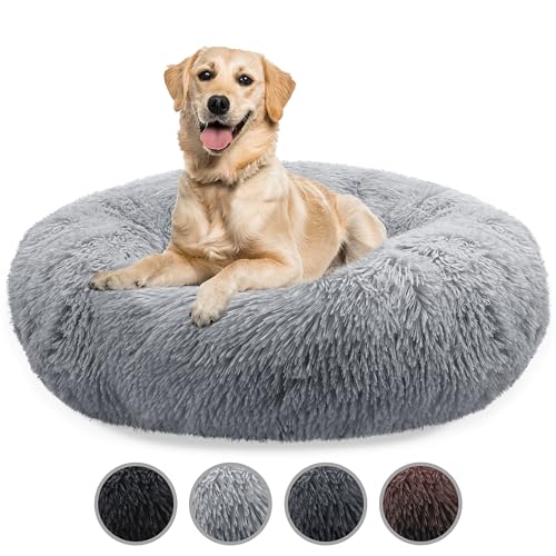 bluzelle Hundebett Große Hunde, 120cm Hundekissen Rund Donut Kissen Hundekorb Flauschig Plüsch, Ergonomisch Bezug Waschbar rutschfest Weich Kuschelig Kunstfell, Farbe:Hellgrau von bluzelle