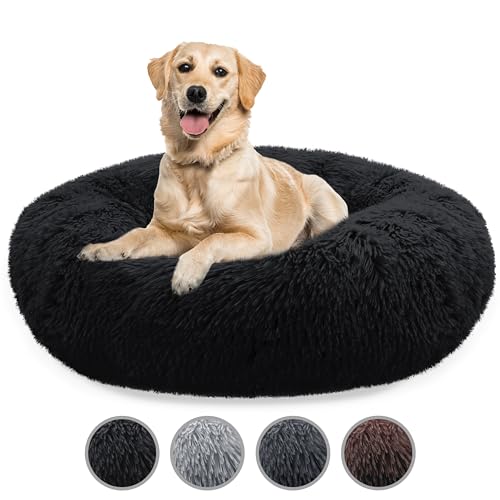 bluzelle Hundebett Große Hunde, 120cm Hundekissen Rund Donut Kissen Hundekorb Flauschig Plüsch, Ergonomisch Bezug Waschbar rutschfest Weich Kuschelig Kunstfell, Farbe:Schwarz von bluzelle