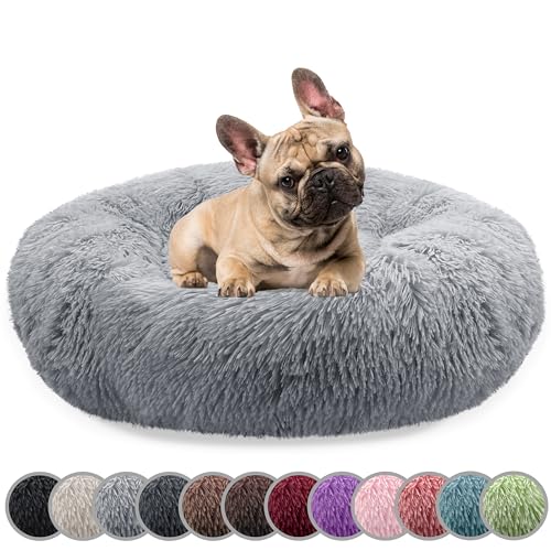 bluzelle Hundebett für Mittelgroße Hunde, 70cm Hundekissen Rund Donut Kissen Hundekorb Flauschig Plüsch, Ergonomisch Bezug Waschbar rutschfest Weich Kunstfell, Farbe:Hellgrau von bluzelle