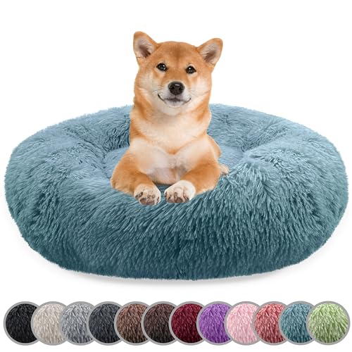 bluzelle Hundebett für Mittelgroße Hunde, 80cm Hundekissen Rund Donut Kissen Hundekorb Flauschig Plüsch, Ergonomisch Bezug Waschbar rutschfest Weich Kunstfell, Farbe:Blau von bluzelle