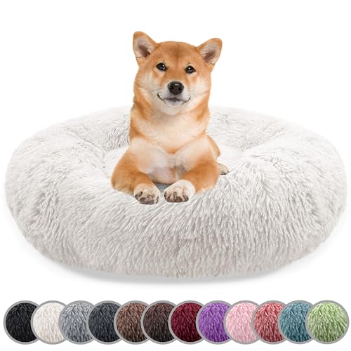 bluzelle Hundebett für Mittelgroße Hunde, 80cm Hundekissen Rund Donut Kissen Hundekorb Flauschig Plüsch, Ergonomisch Bezug Waschbar rutschfest Weich Kunstfell, Farbe:Cream von bluzelle