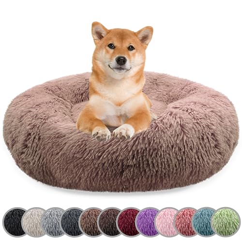 bluzelle Hundebett für Mittelgroße Hunde, 80cm Hundekissen Rund Donut Kissen Hundekorb Flauschig Plüsch, Ergonomisch Bezug Waschbar rutschfest Weich Kunstfell, Farbe:Khaki von bluzelle