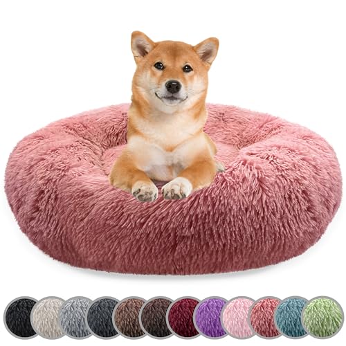 bluzelle Hundebett für Mittelgroße Hunde, 80cm Hundekissen Rund Donut Kissen Hundekorb Flauschig Plüsch, Ergonomisch Bezug Waschbar rutschfest Weich Kunstfell, Farbe:Rosa von bluzelle