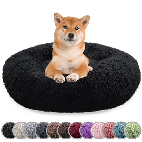 bluzelle Hundebett für Mittelgroße Hunde, 80cm Hundekissen Rund Donut Kissen Hundekorb Flauschig Plüsch, Ergonomisch Bezug Waschbar rutschfest Weich Kunstfell, Farbe:Schwarz von bluzelle