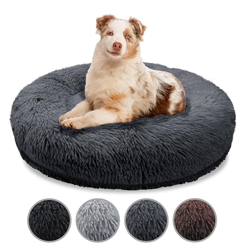 bluzelle Orthopädisches Hundebett für Grosse Hunde, 100cm Donut Kissen Waschbar Memory Foam Rund, Hundekorb Hundekissen Flauschig Plüsch Kunstfell Weich, Farbe:Dunkel-Grau von bluzelle