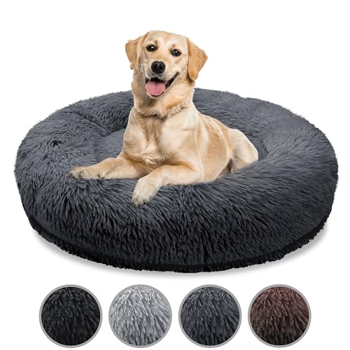 bluzelle Orthopädisches Hundebett für Grosse Hunde, 120cm Donut Kissen Waschbar Memory Foam Rund, Hundekorb Hundekissen Flauschig Plüsch Kunstfell Weich, Farbe:Dunkel-Grau von bluzelle