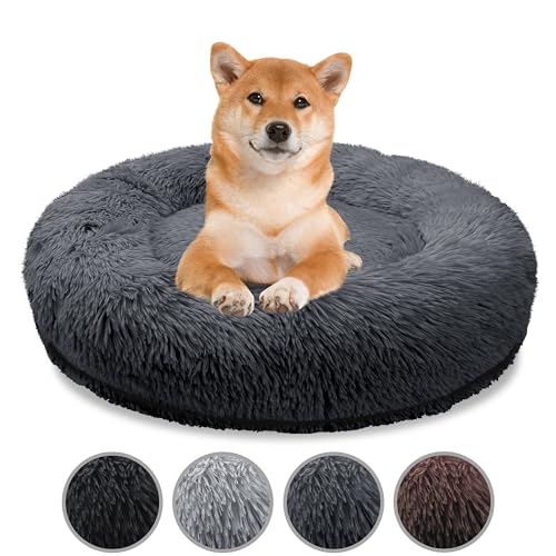 bluzelle Orthopädisches Hundebett für Mittelgroße Hunde, 80cm Donut Kissen Waschbar Memory Foam Rund, Hundekorb Hundekissen Flauschig Plüsch Kunstfell Weich, Farbe:Dunkel-Grau von bluzelle