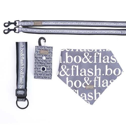 bo&flash Hundeleinen Set Pittsburgh für kleine Hunde – Bequemes Hundehalsband mit 2,5 m Leine – 4 tlgs. modisches Set mit Verstellbarer Hundeleine und charmantem Halstuch – Dark Grey – M von bo&flash