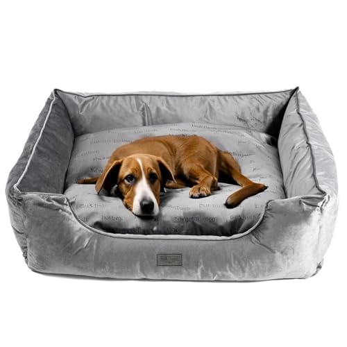 bo&flash Kuscheliges Hundebett Groß – Trendiges Hundekörbchen Austin – Hundesofa Gelenkschonend und Waschbar für Große Hunde – XL 80 X 110 X 28 cm – Quadratisch mit Rand – Dark Grey von bo&flash