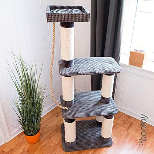 Bontoy Kratzbaum Cleo in grau I 60 x 44 x 150 cm I mit 12 cm Sisalstämmen I Spielen I Kratzen I Ausruhen I stabile Bauweise I sisalseil zum Spielen von bontoy