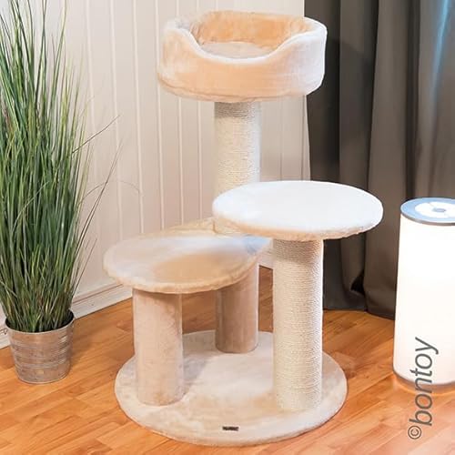 Bontoy Kratzbaum Kimba XXL I 93 cm hoch I Katzenbaum in Creme I Mittelgroßer Kratzbaum I 12cm SisalstämmeI 2 Stufen zum Korb I Kratzen I Spielen I Kratzen von bontoy