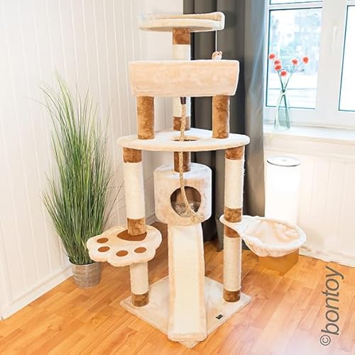 Bontoy Kratzbaum Lou Creme/Braun 145 cm mit großer Liegewanne 46cm und viel Platz zum Toben und Schlafen I Kratzen I Spielen I Ausruhen von bontoy