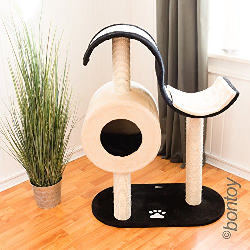 Kratzbaum ZORA I 101cm I Creme/schwarz I mit großer Sisal-Welle und Höhle I Stabiler Stand für jedes Katzenabenteuer I Schlafrn I Spielen I Kratzen von bontoy