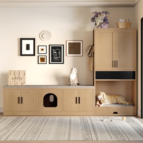 2-in-1-Haustiermöbel-Set–Multifunktionale Schrankbank und Schubladenkommode–Kommt mit Hundebett, Katzenhöhle, Kratzbaum, Futterstation und Stauraum (Eiche, 140 x 40 x 45,5 + 79 x 40 x 160 cm) von boorbin