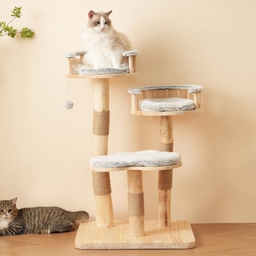 Designer Katzenklettergerüst aus Massivholz, 3-stufiges Sprungbrett, abnehmbare Kissen und Spielbälle, Wolkenoptik-Imitation - Natürlich, umweltfreundlich,Katzenklet (Grau, 60×48×98cm) von boorbin