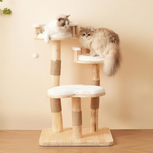 Designer Katzenklettergerüst aus Massivholz, 3-stufiges Sprungbrett, abnehmbare Kissen und Spielbälle, Wolkenoptik-Imitation - Natürlich, umweltfreundlich,Katzenklet (Weiß, 60×48×98cm) von boorbin
