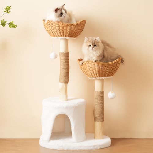 Katzenbaum aus Massivholz 108cm,Katzenkratzbaum mit 2 Körben&Höhle, Naturholz&Sisal, mit Plüschball & dickem Kissen,Nachhaltiger Kratzbaum für große Katzen&Kitten (Natur+Weiß, 60×42×108 cm) von boorbin