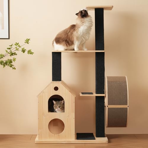 Katzenbaum aus Massivholz mit Laufrad,mit 4 Plattformen, 2 Katzenhäusern, Sisalpfosten & waschbaren Kratzmatten,Katzenrolle, Katzenlaufrad, Kratzbaum, Katzenklettergerüst (Natur, 80×40×152cm) von boorbin