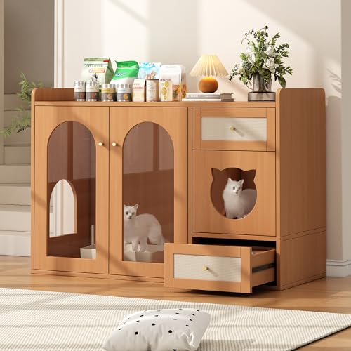 Mehrzweckiges Katzenhaus & Katzenkloschrank – haustiertierfreundlicher Beistellschrank mit Futterschalen, Katzenruheraum, Lagerbereich (ohne Katzenklo & Katzenkissen), Nussbaumfarben, 120x45x83 cm von boorbin