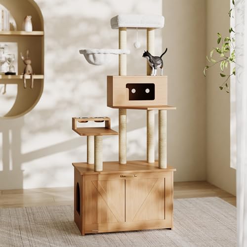 Moderner Katzenturm & Kratzbaum für Wohnungskatzen – All-in-One-Katzenmöbel mit großer Plattform, Futterstation, 1 Hängematte und Katzenkloschrank (ohne Katzenklo), Nussbaumfarben, 80×50×173 cm von boorbin