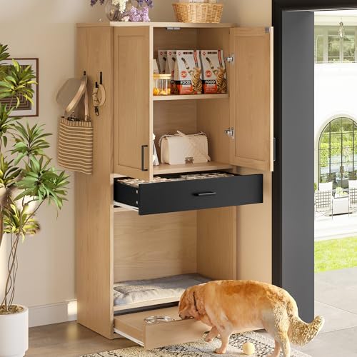 Multifunktionaler Tierschrank in Eichenoptik,Futterstation mit Napf,Hundebett,Stauraum und Haken–Tiermöbel und Küchenschrank für Flur, Küche oder Wohnzimmer,Futterstationen (Eiche, 79 x 40 x 160 cm) von boorbin