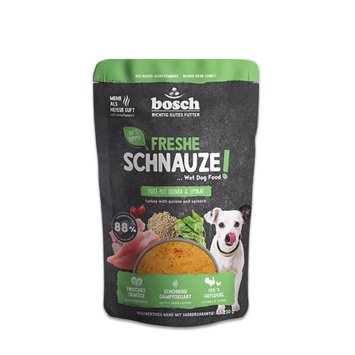 Bosch Freshe Schnauze, Pute mit Quinoa und Spinat 1 x 250 g, Schonend Dampfgegartes Nassfutter für Hunde, Vollwertiges Alleinfuttermittel mit hohem Fleischgehalt, 250 g Hundenassfutter Bosch Freshe Schnauze, Pute mit Quinoa und Spinat 1 x 250 g, Schonend Dampfgegartes Nassfutter für Hunde, Vollwertiges Alleinfuttermittel mit hohem Fleischgehalt, 250 g Hundenassfutter von bosch TIERNAHRUNG