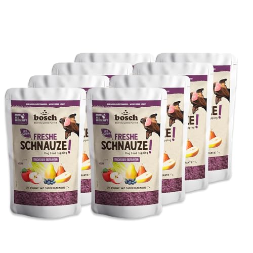 Bosch Freshe Schnauze - fruchtiger Obstgarten 8 x 200 g | Topping für Hundefutter | Für Trockenfutter und Nassfutter geeignet | mit frischen Äpfeln, Birnen & Blaubeeren von bosch TIERNAHRUNG