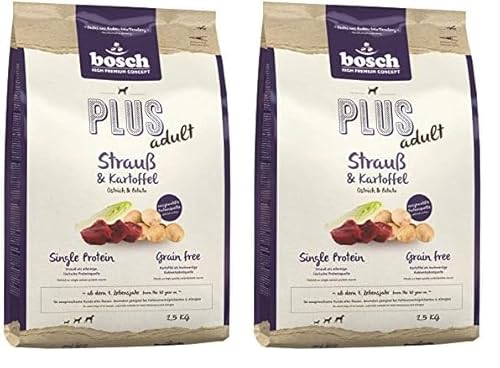 Bosch HPC Plus Adult Strauß & Kartoffel | Hundetrockenfutter für ausgewachsene Hunde Aller Rassen | Single Protein | Grain-Free | 1 x 2.5 kg (Packung mit 2) von bosch TIERNAHRUNG