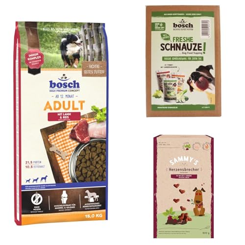 Bosch Hundefutter Bundle: Trockenfutter Adult mit Lamm & Reis 15 kg + Sammy's Herzensbrecher Snack für Hunde 800 g + Mixpaket Freshe Schnauze Gemüse-Topping für Hunde 6 x 200 g | Paket für Hunde Bosch Hundefutter Bundle: Trockenfutter Adult mit Lamm & Reis 15 kg + Sammy's Herzensbrecher Snack für Hunde 800 g + Mixpaket Freshe Schnauze Gemüse-Topping für Hunde 6 x 200 g | Paket für Hunde von bosch TIERNAHRUNG