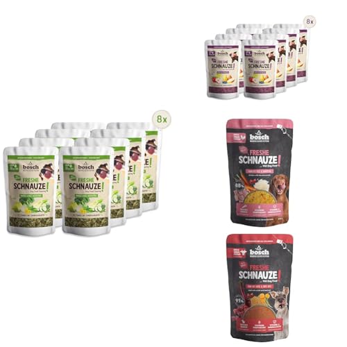 Bundle Freshe Schnauze Topping Für Trockenfutter und Nassfutter geeignet & Freshe Schnauze Schonend Dampfgegartes Nassfutter für Hunde, Vollwertiges Alleinfuttermittel mit hohem Fleischgehalt von bosch TIERNAHRUNG