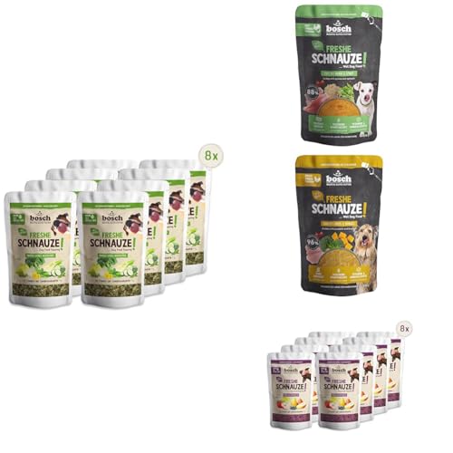 Bundle Freshe Schnauze Topping Für Trockenfutter und Nassfutter geeignet & Freshe Schnauze Schonend Dampfgegartes Nassfutter für Hunde, Vollwertiges Alleinfuttermittel mit hohem Fleischgehalt von bosch TIERNAHRUNG