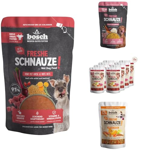Bundle Freshe Schnauze Topping Für Trockenfutter und Nassfutter geeignet & Freshe Schnauze Schonend Dampfgegartes Nassfutter für Hunde, Vollwertiges Alleinfuttermittel mit hohem Fleischgehalt von bosch TIERNAHRUNG