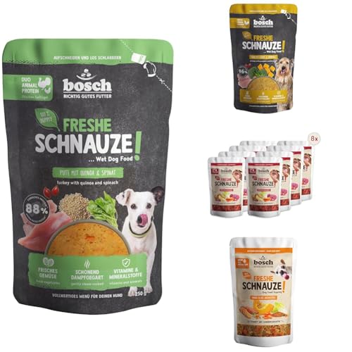 Bundle Freshe Schnauze Topping Für Trockenfutter und Nassfutter geeignet & Freshe Schnauze Schonend Dampfgegartes Nassfutter für Hunde, Vollwertiges Alleinfuttermittel mit hohem Fleischgehalt von bosch TIERNAHRUNG