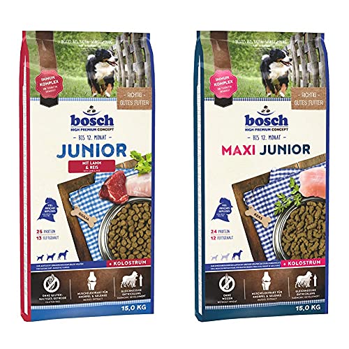 bosch HPC Junior mit Lamm & Reis | Hundetrockenfutter zur Aufzucht ernährungssensibler Welpen | 1 x 15 kg & HPC Maxi Junior | Hundetrockenfutter zur Aufzucht großer Rassen (ab 25 kg) | 1 x 15 kg von bosch TIERNAHRUNG