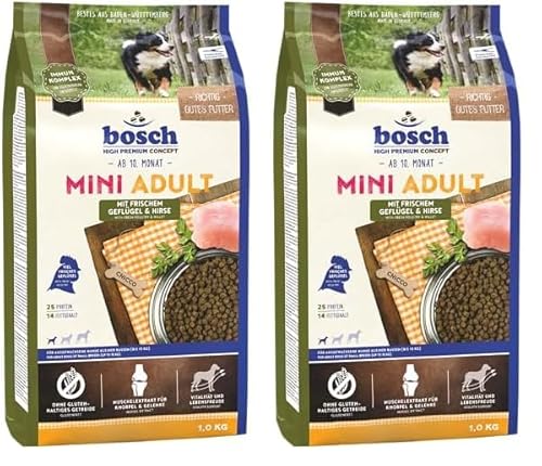 Bosch HPC Mini Adult mit frischem Geflügel & Hirse | Hundetrockenfutter für ausgewachsene Hunde Kleiner Rassen (bis 15 kg) | 1 x 1 kg (Packung mit 2) von bosch TIERNAHRUNG