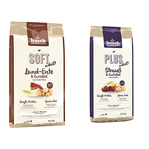 Bosch HPC Soft Land-Ente & Kartoffel | halbfeuchtes Hundefutter für ausgewachsene Hunde Aller Rassen |1 x 12.5 kg & lt Strauß & Kartoffel | Hundetrockenfutter für ausgewachsene Hunde Aller Rassen von bosch TIERNAHRUNG