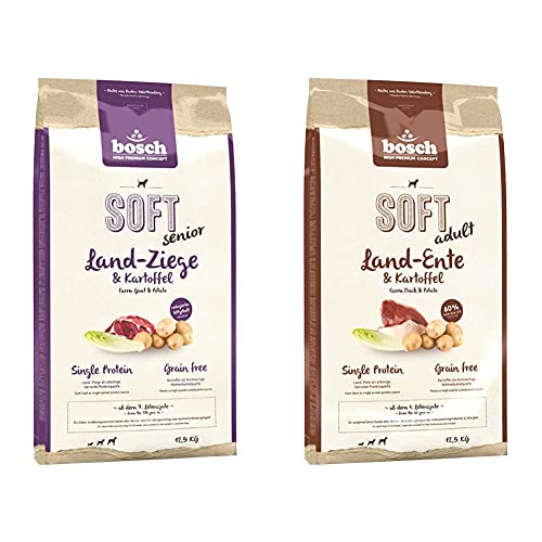 Bosch HPC Soft Senior Ziege & Kartoffel | halbfeuchtes Hundefutter für ältere | ernährungssensible Hunde Aller Rassen | Single Protein | Grain-Free | 1 x 12.5 kg & d-Ente & Kartoffel, 1 x 12.5 kg von bosch Tiernahrung