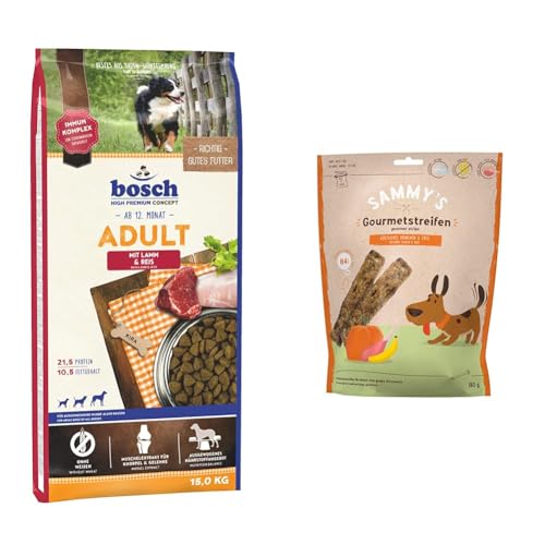 Bundle: bosch HPC Adult mit Lamm & Reis | Hundetrockenfutter für ausgewachsene Hunde aller Rassen | 1 x 15 kg + Sammy´s Gourmetstreifen | Hühnchen & Ente | Fleischiger Snack für Hunde | 6 x 180 g von bosch TIERNAHRUNG