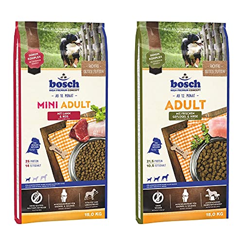 bosch HPC Mini Adult mit Lamm & Reis | Hundetrockenfutter für ausgewachsene Hunde kleiner Rassen (bis 15 kg) | 1 x 15 kg & HPC Adult mit frischem Geflügel & Hirse | 1 x 15 kg von bosch TIERNAHRUNG