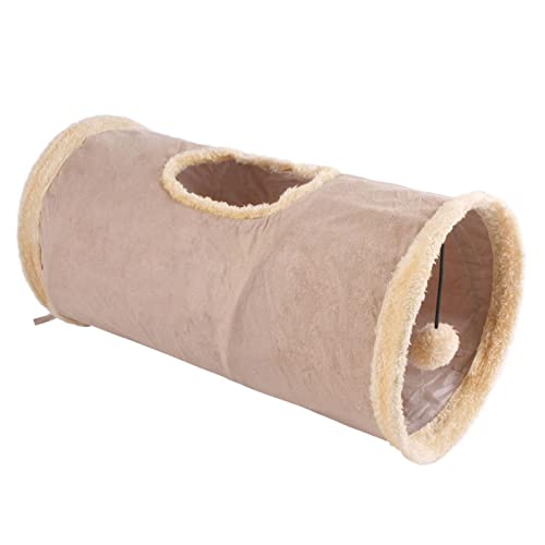 bozitian Katzentunnel Katzenspielzeug mit Hängende Kugel Faltbar Spieltunnel Knisternder Rascheltunnel für alle Katzen und kleine Tiere 1 Höhlen 50 25cm, Khaki von bozitian