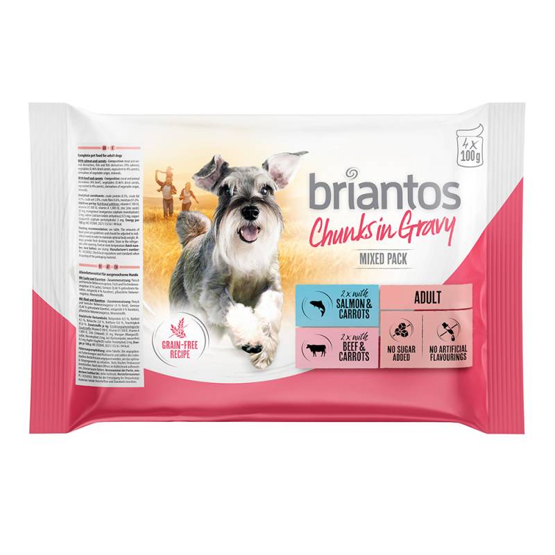 Briantos Frischebeutel Probiermix 4 x 100 g - Chunks in Gravy (Lachs & Rind) von briantos