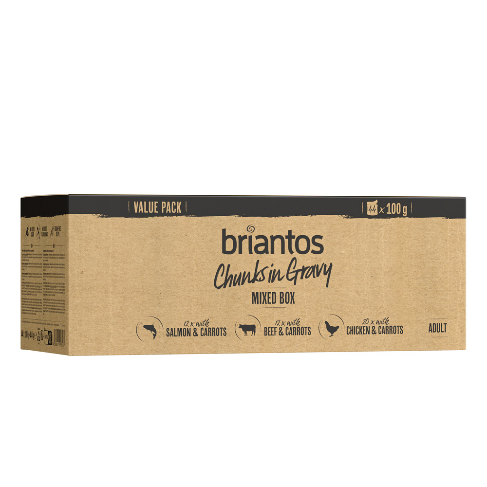 Brtiantos Chunks in Gravy Sparpack 44 x 100 g - Mixpaket (Huhn, Rind & Lachs) von briantos